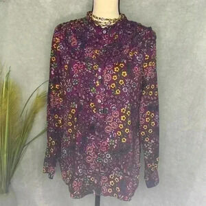 Talbots Purple Floral Long Sleeve Ruffled Blouse Button Up Size Small